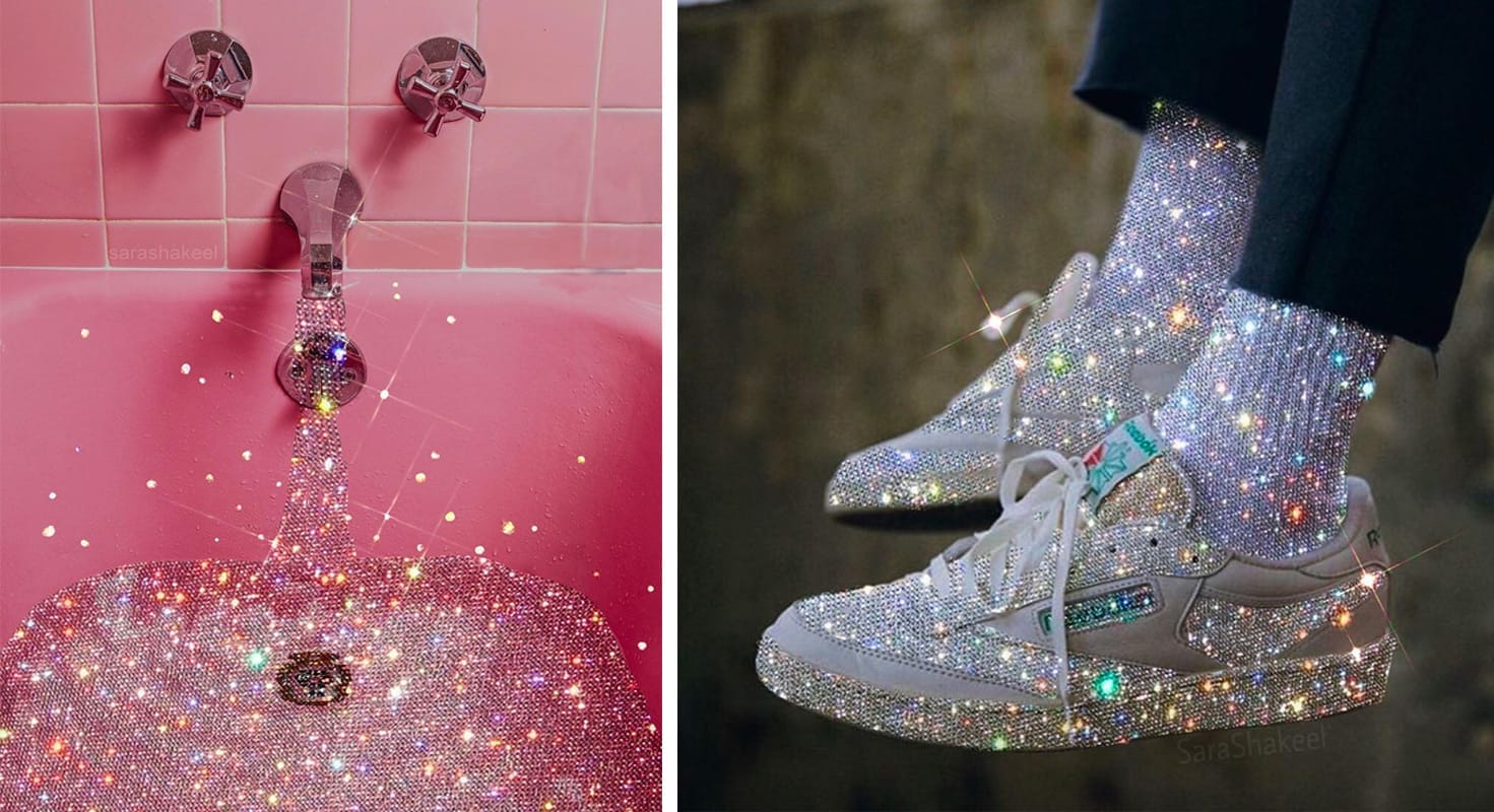 Two Sara Shakeel crystal collages: a pink bathtub filling with sparkling crystal water, and a pair of Reebok sneakers and socks encrusted in glitter