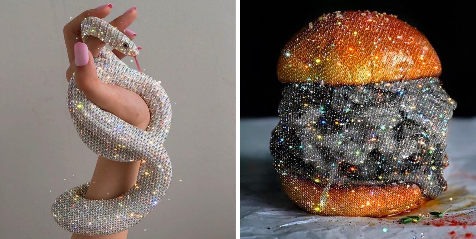 Two Sara Shakeel crystal collages side by side: a snake made of glittering crystals coiled around a hand, and a cheeseburger whose filling is a mass of sparkling gems