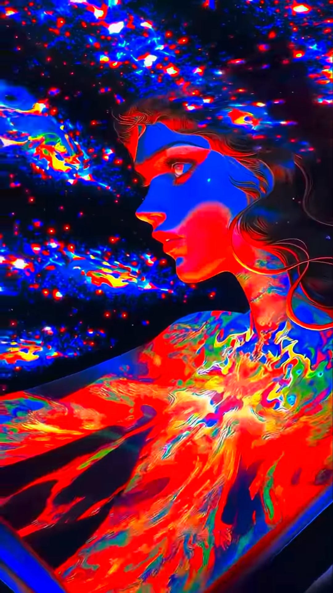 A profile in blue and red against a speckled red and blue starfield, hair trailing into a molten field of color
