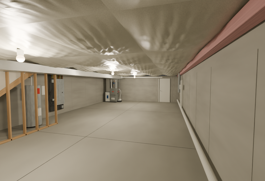 The first pass: an empty concrete shell with the stairs, panel, water heater, and furnace roughed in from the walkthrough photos