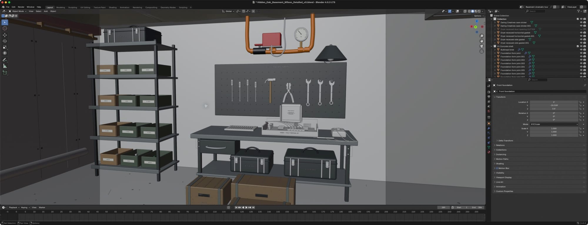 The workshop as editable geometry, in Blender's own viewport. Every object on the bench is a thing you can select and move
