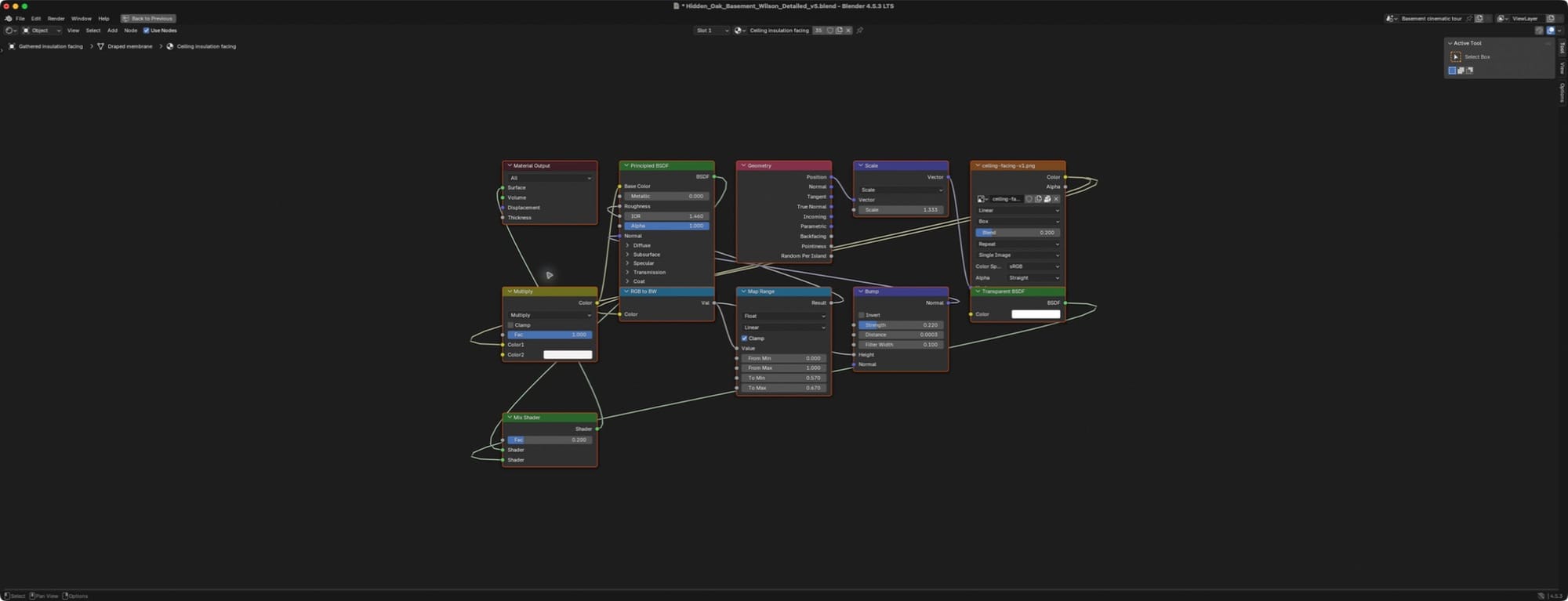 The actual ceiling material in Blender: the generated scrim image feeds base color, a brightness remap feeds roughness and bump, and a transparent shader is mixed in at 20 percent