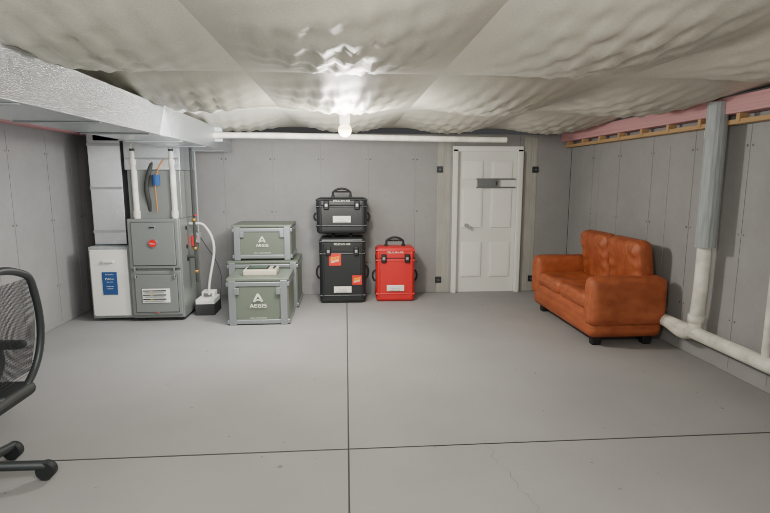 The refuge dressed for the story: AEGIS crates, Pelican-style cases, the loveseat, and the bulkhead door with a password hatch cut into it. Materials are still placeholder gray at this stage