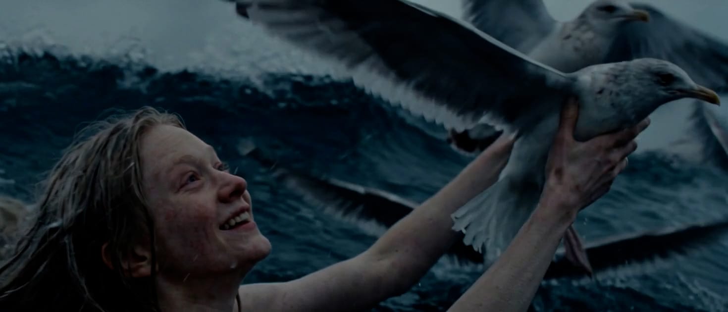 The mermaid in Brine surfacing in dark waves, smiling and reaching up to a seagull