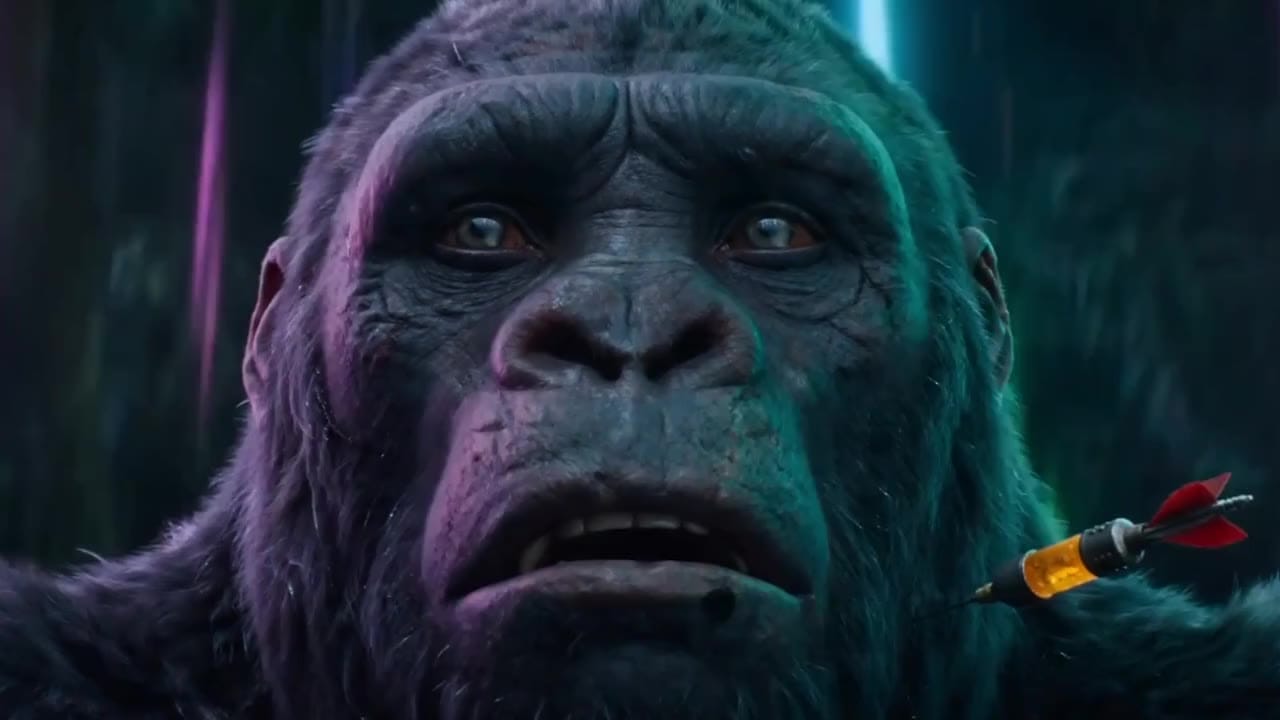 An ape in close-up with a dart lodged in its fur, lit in green and purple