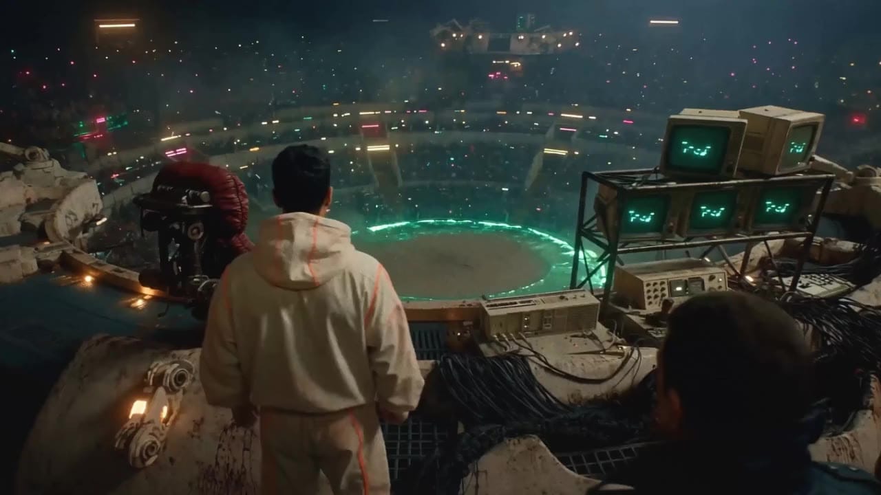 A figure in a white hoodie looks down from a control booth of green monitors into a packed arena