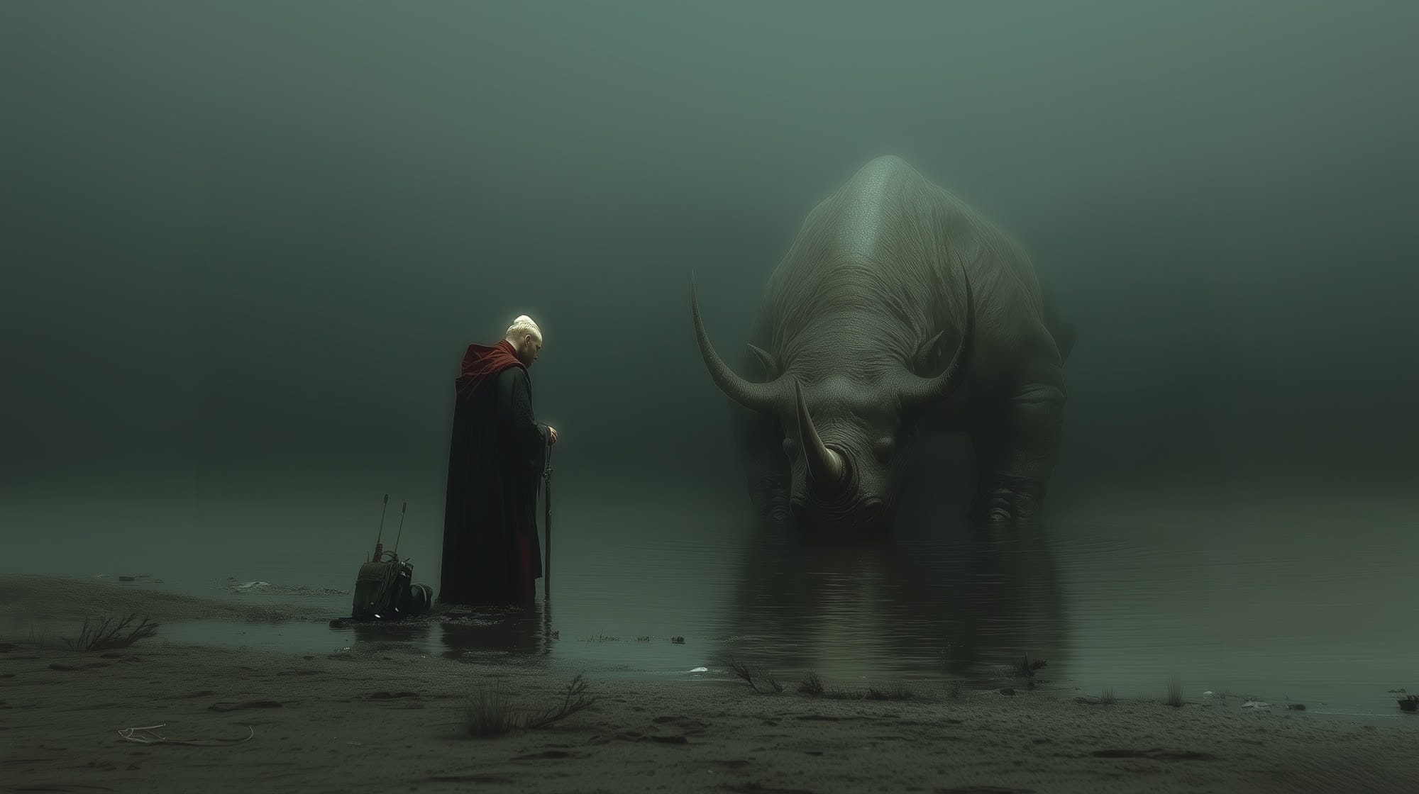 David Ribble — a robed figure and an enormous beast in the fog, via Aetheric Dreams