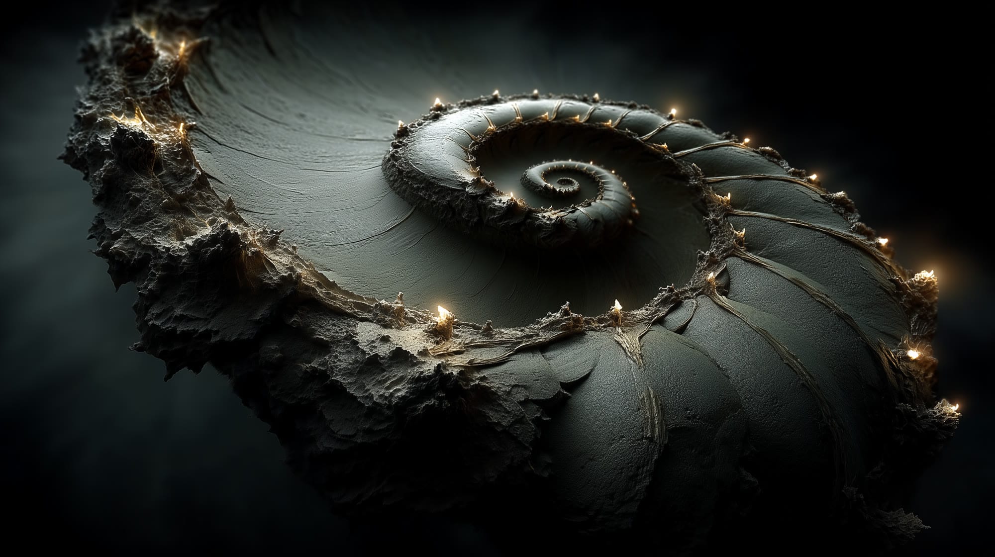 David Ribble — a fossil spiral studded with glowing embers, via Aetheric Dreams