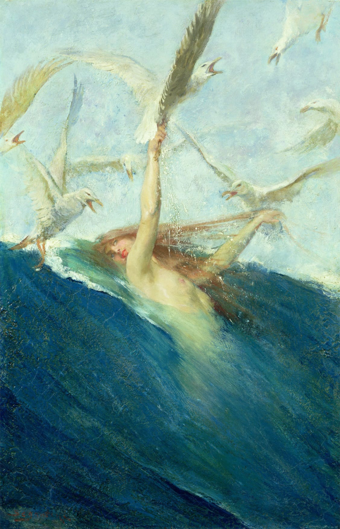 Giovanni Segantini painting of a red-haired mermaid rising out of a blue wave, reaching up as seagulls swirl around her