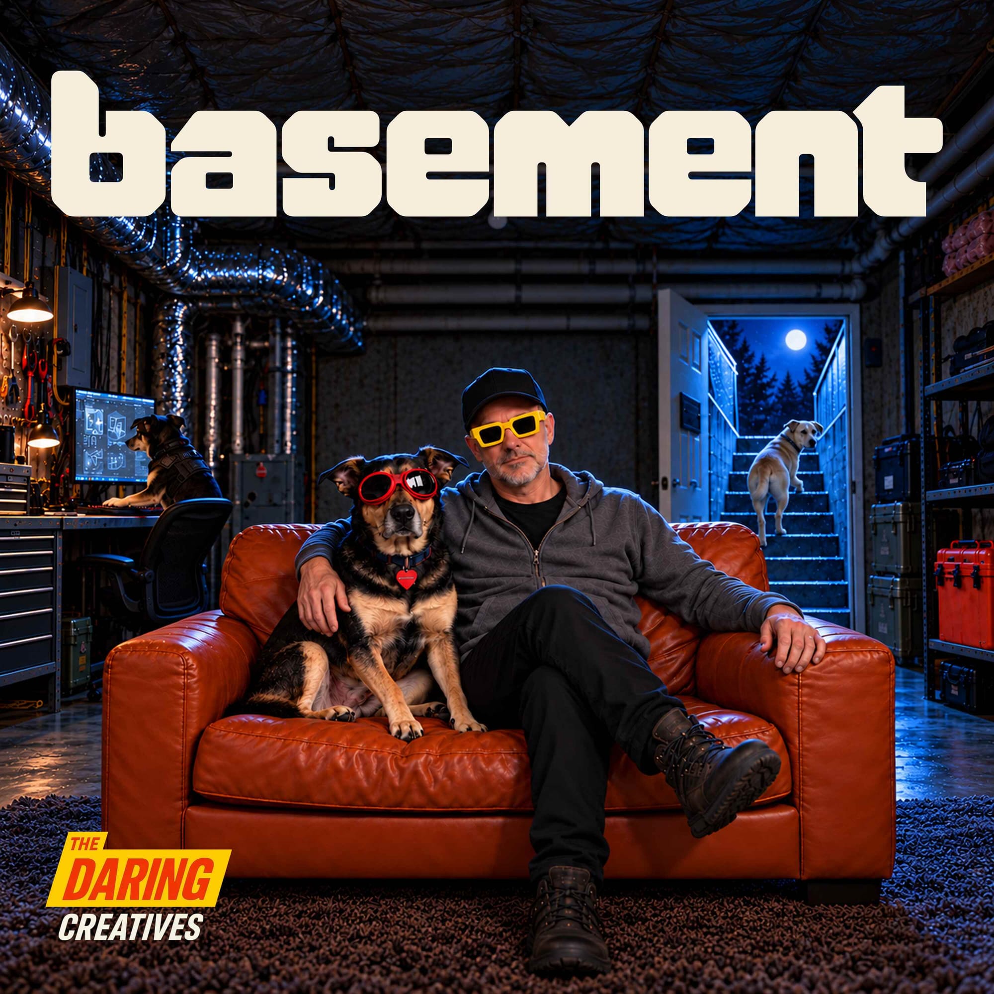Basement podcast cover: the Cutstone basement logo over William and his three dogs in the basement studio