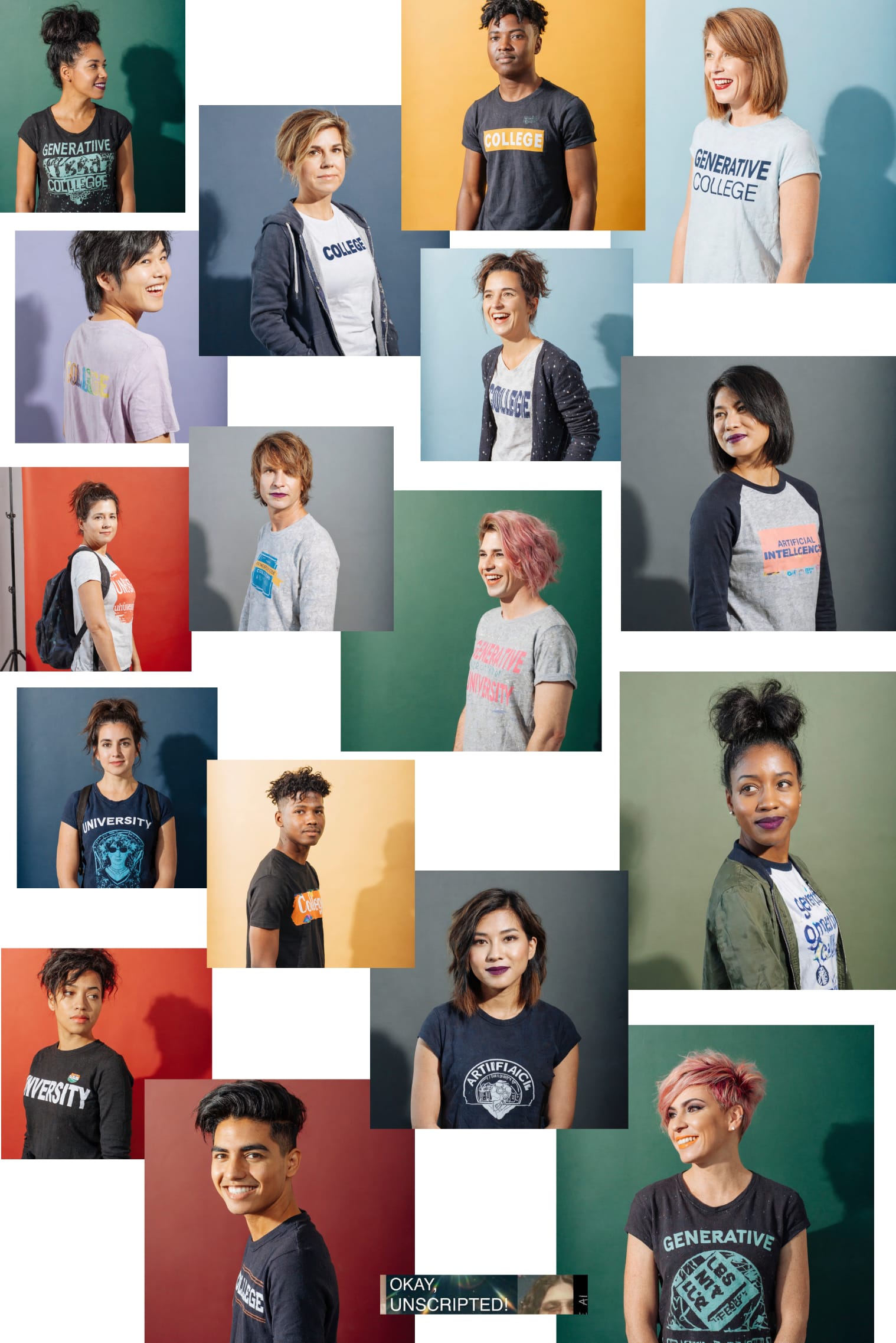 A collage of studio portraits of students against colored backdrops, wearing tees that read GENERATIVE COLLEGE, UNIVERSITY and ARTIFICIAL INTELLIGENCE