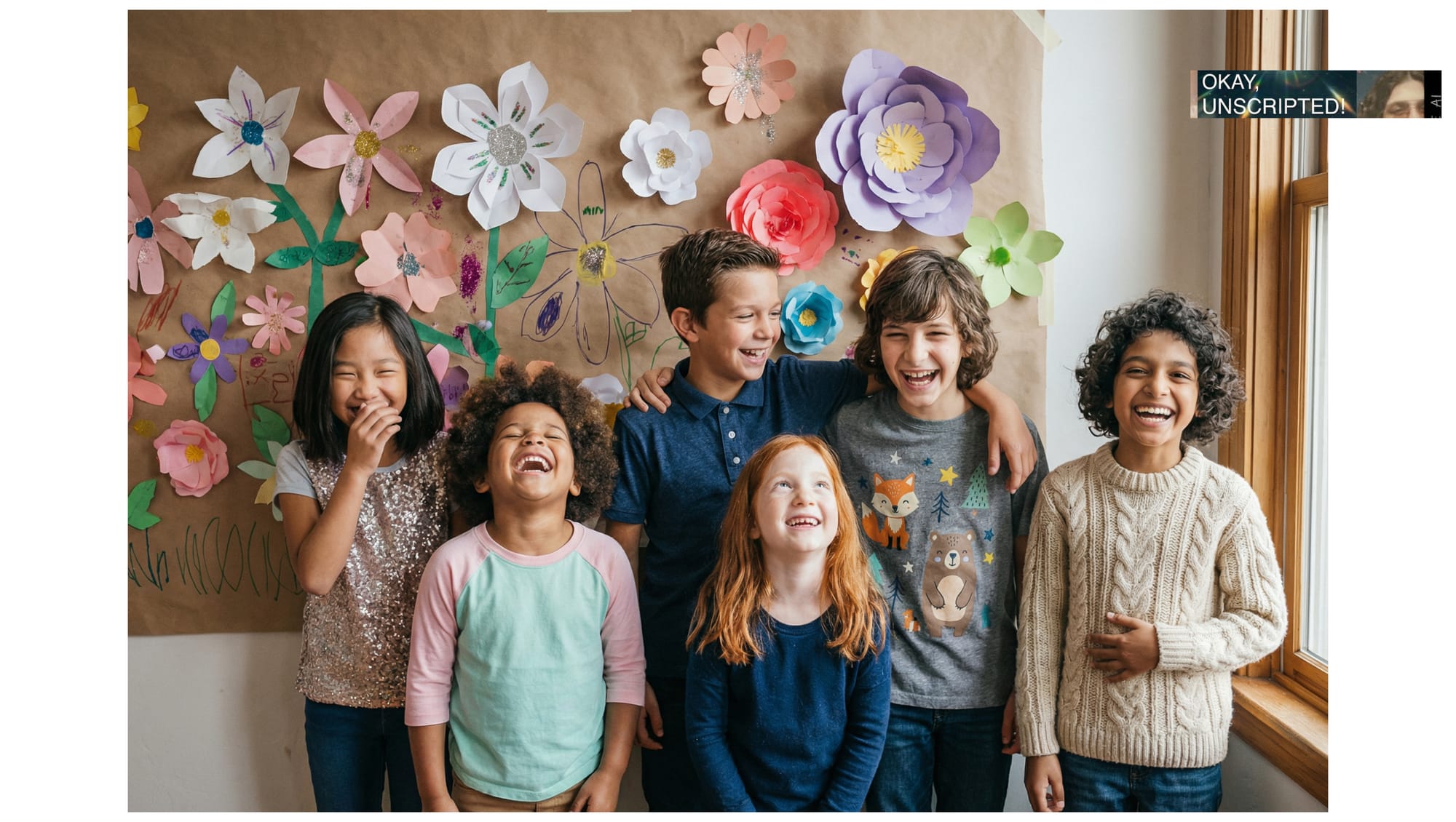 Six laughing kids posed in front of a wall of paper flowers