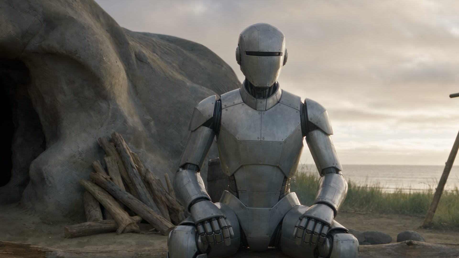 The robot seated for a documentary-style interview in front of the cave and a rack of drying hides