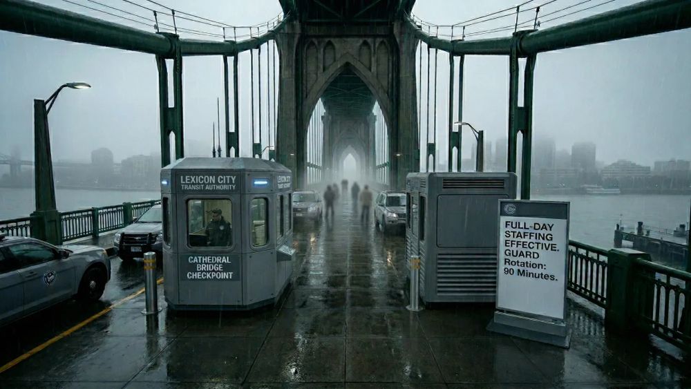 Cathedral Bridge security checkpoint showing expanded barriers, gates, and monitoring equipment for enhanced border control