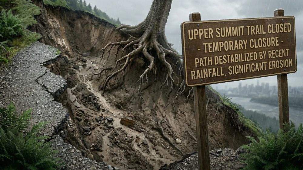 Mount Vision Park trail closure sign with hiking path blocked off in background