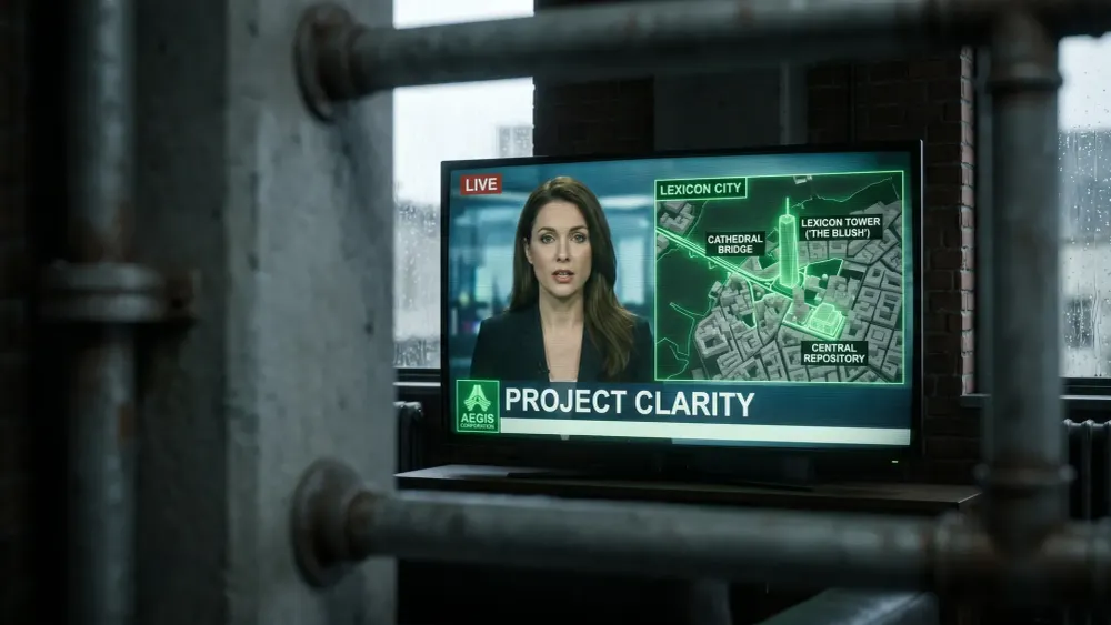 Data analysts reviewing digital archives showing infrastructure modification patterns in Lexicon City
