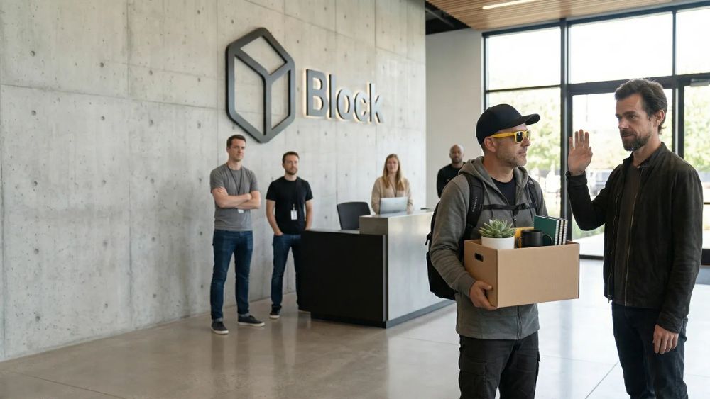 Person working at computer with direct connection icons, representing elimination of intermediary business roles