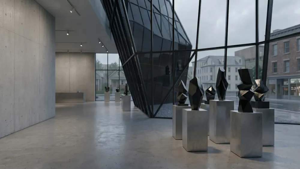Obsidian Fine Art Gallery entrance with closed sign and Gray Glasses officials conducting cultural compliance review