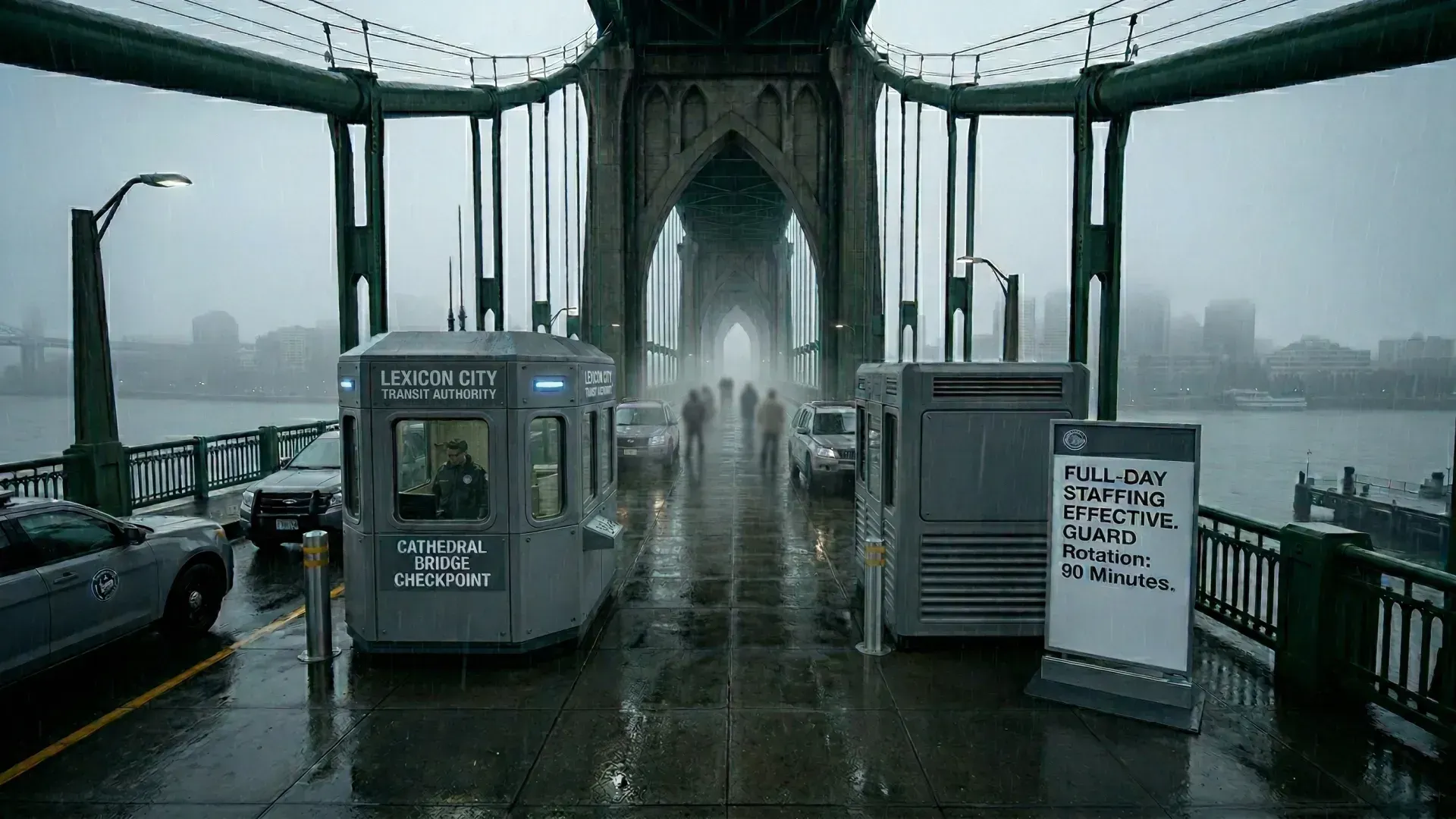 Cathedral Bridge security checkpoint showing expanded barriers, gates, and monitoring equipment for enhanced border control