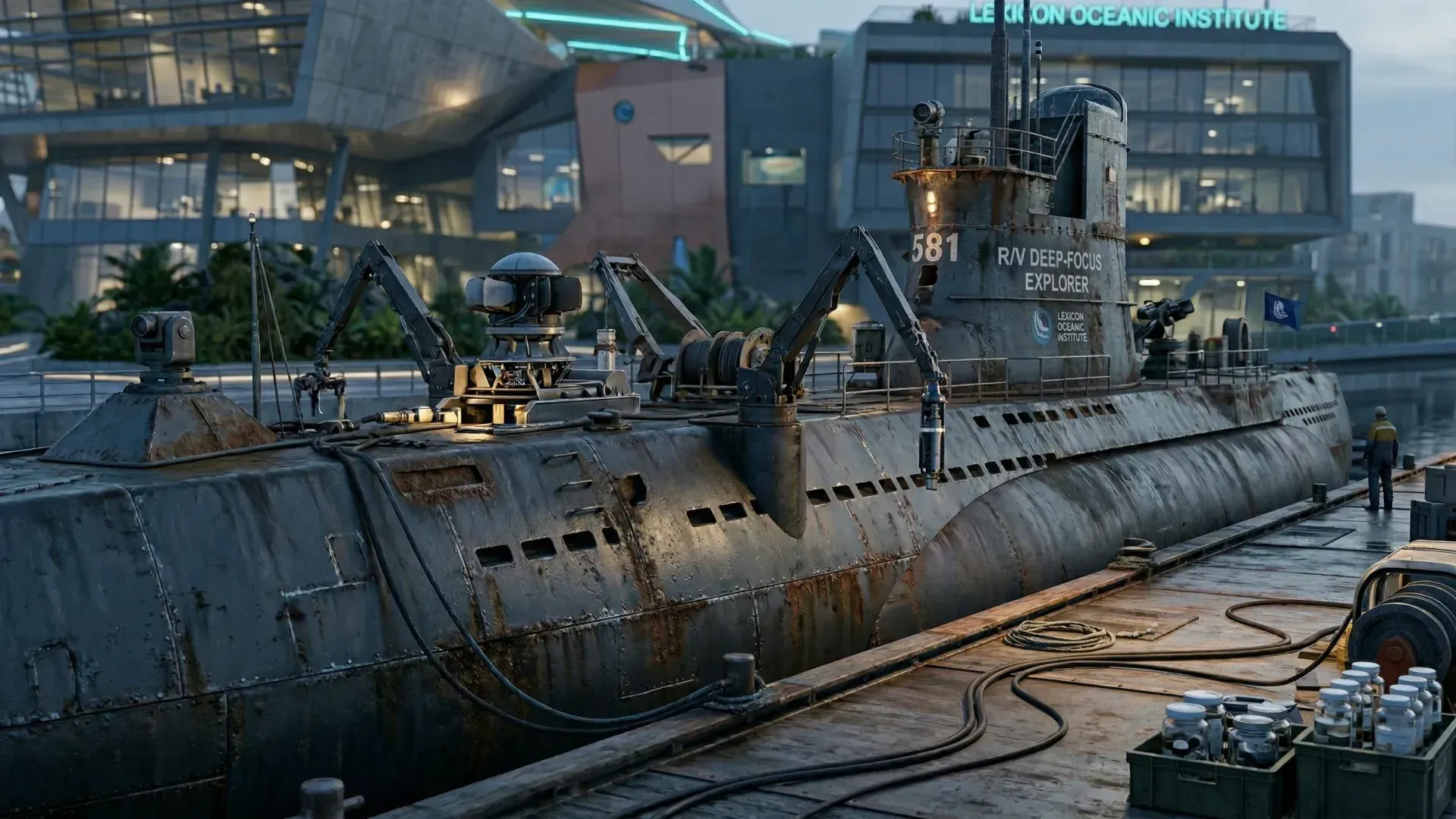 Ancient document labeled "Hull 581" displayed under glass at Museum of Tomorrow exhibition with futuristic lighting