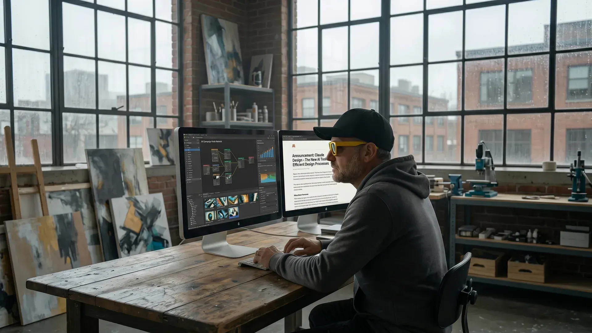 Large corporate boardroom with executives discussing AI strategy while startup teams work rapidly on laptops in background