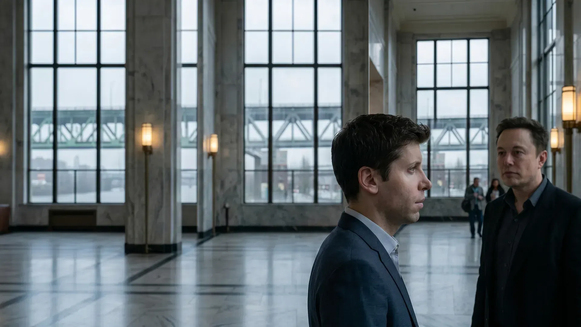 Elon Musk and Sam Altman in split screen showing tension over AI industry control and power dynamics