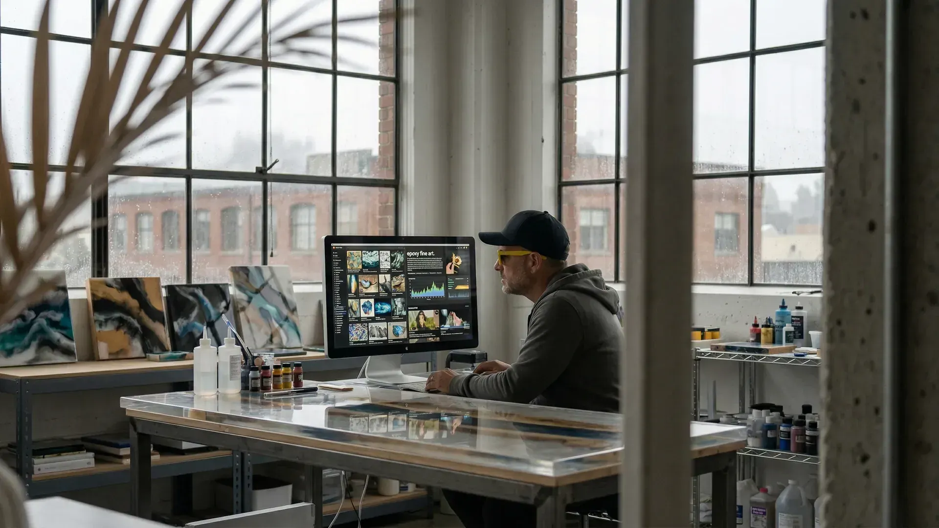 Creative professional working with AI tools on futuristic computer setup, blending traditional art with digital technology