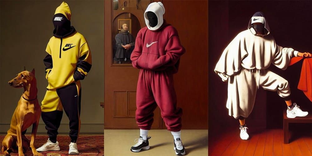 Three STR4NGETHING artworks: figures in Nike streetwear posed as Renaissance portraits