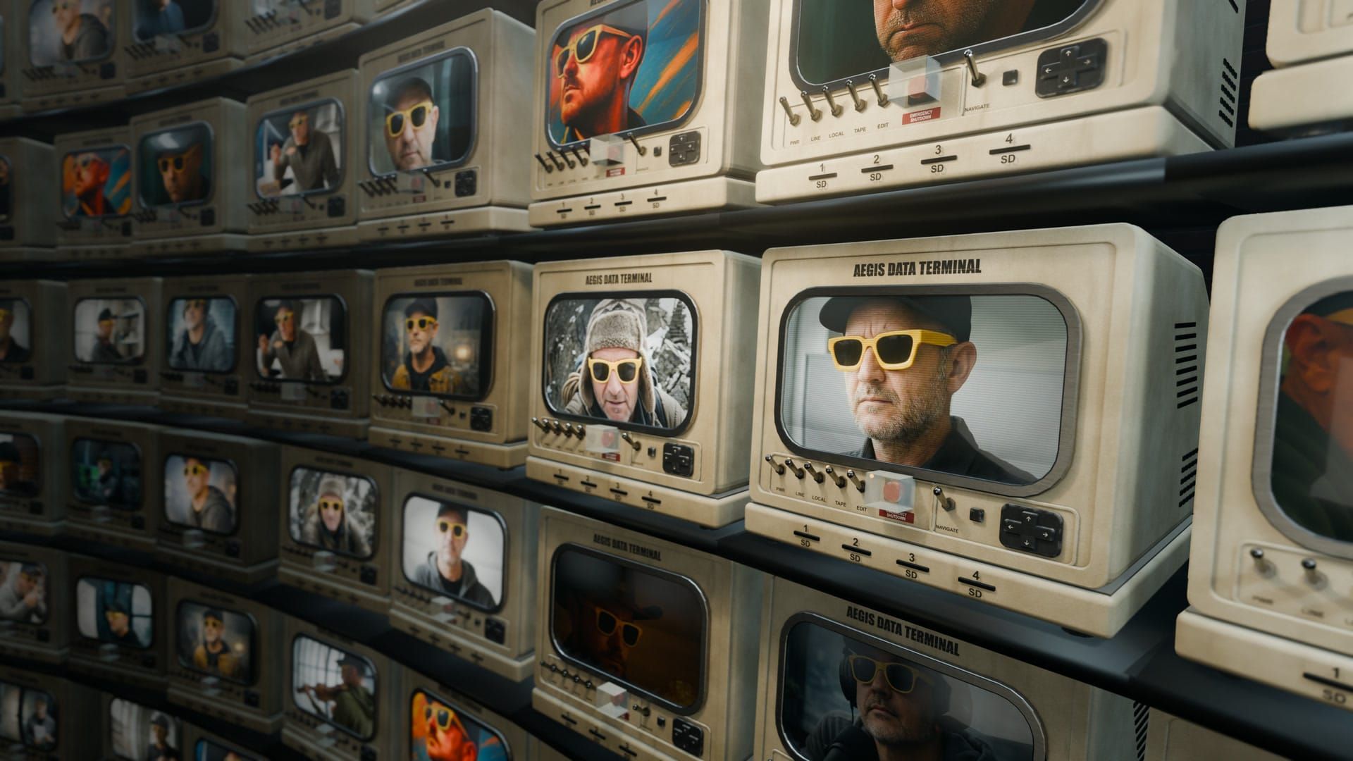 A wall of vintage monitors, every screen showing the same man in yellow sunglasses in a different scene