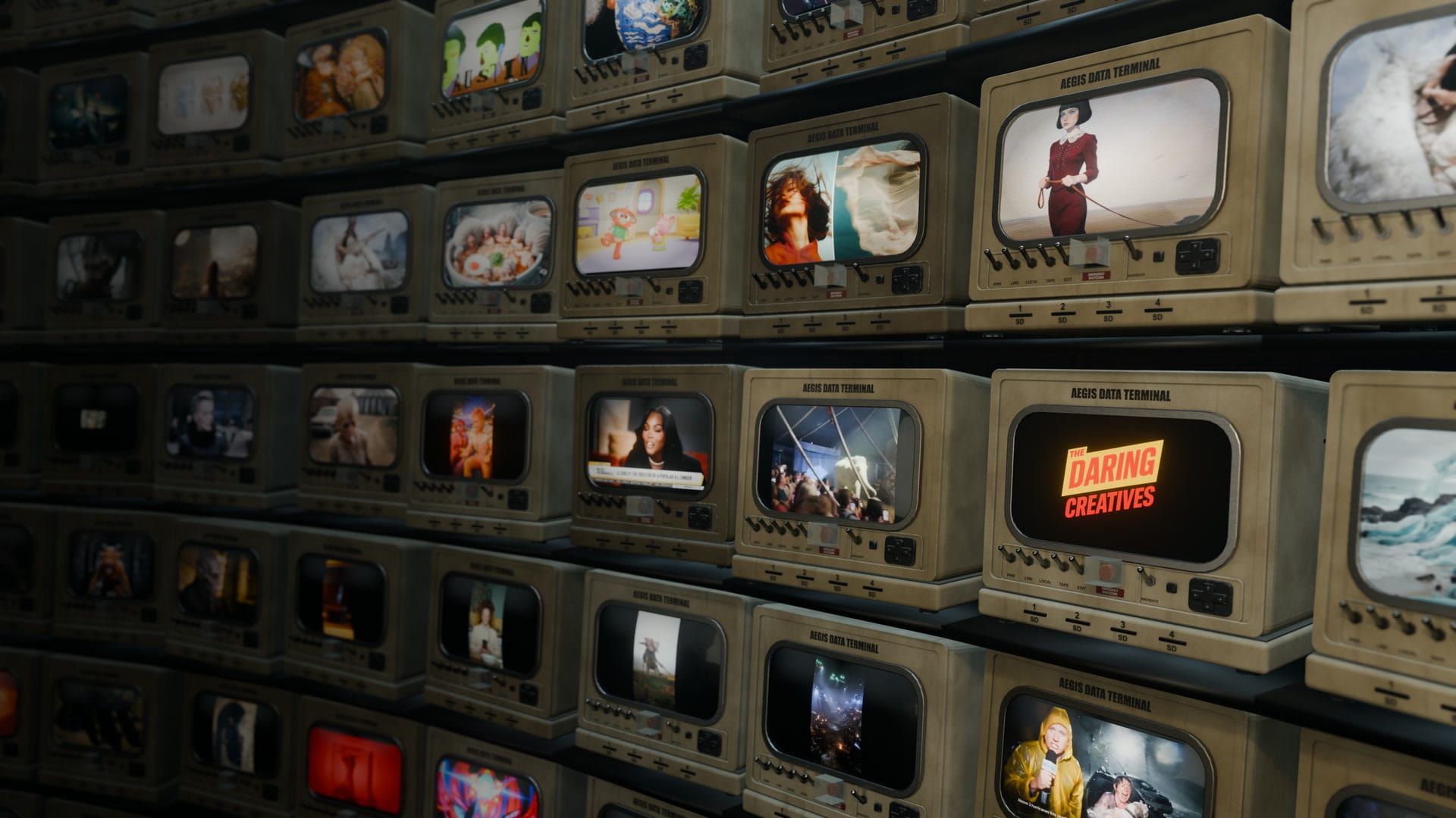 A wall of vintage monitors, each playing work by a different AI creator