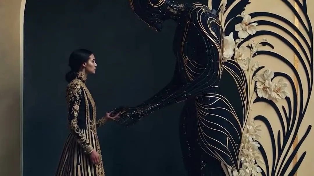 BRAINRACKED sci-fi artwork — a woman in a gold-embroidered gown facing an ornate black-and-gold robotic figure before a floral art-nouveau wall