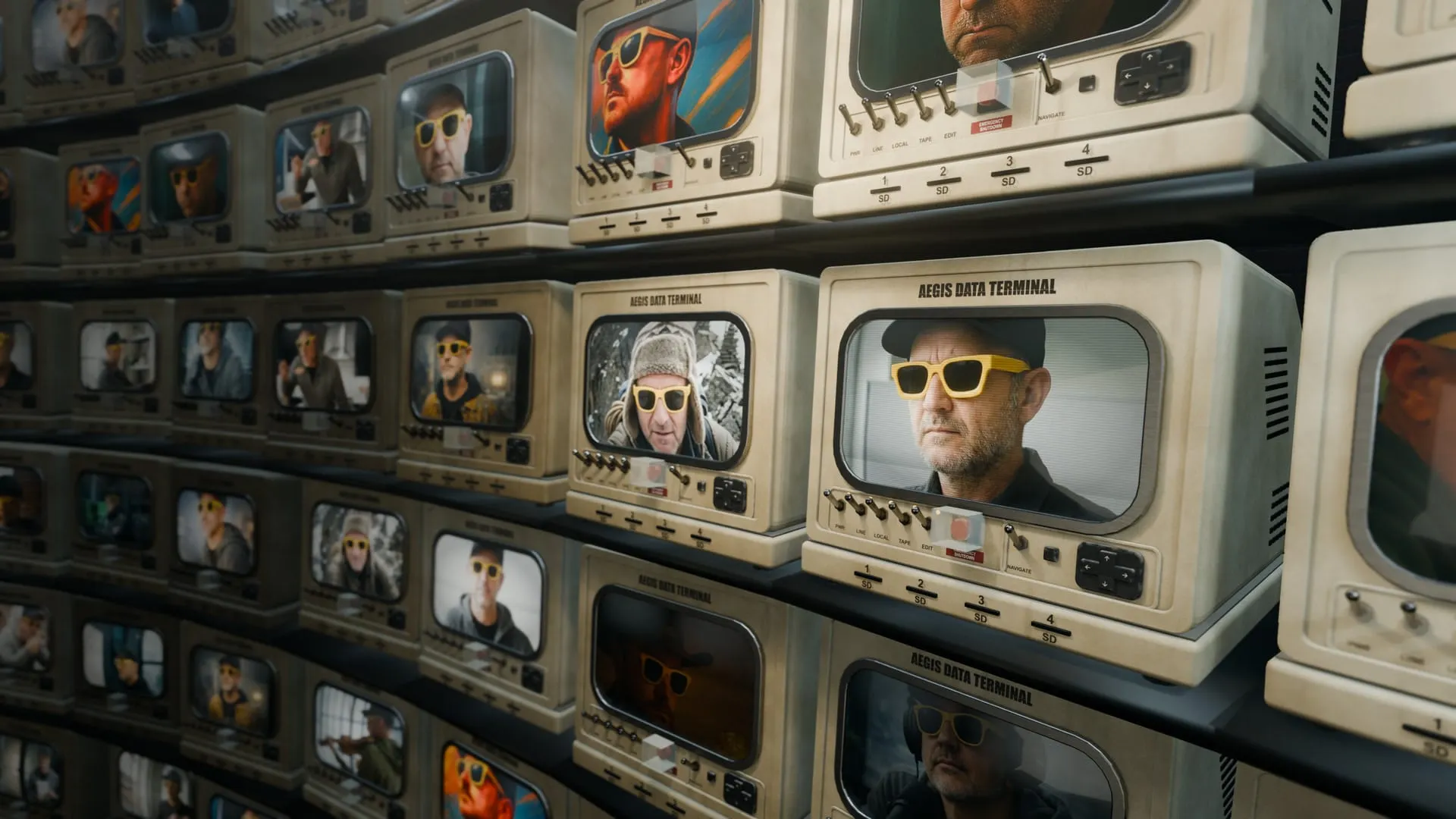 A wall of vintage monitors, every screen showing the same man in yellow sunglasses in a different scene
