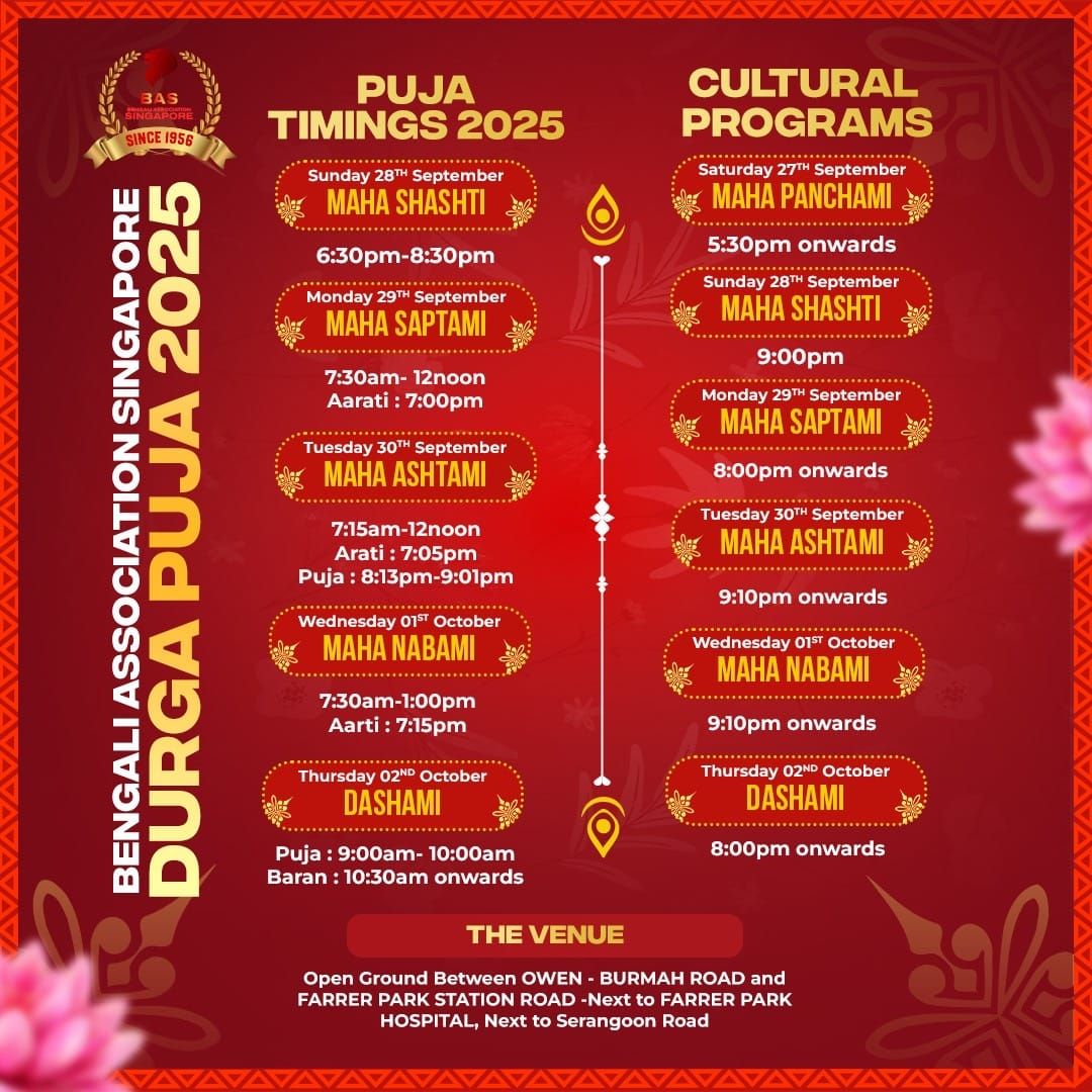 Bengali Association Singapore to Celebrate Durga Pujo 2025 with Grandeur, Culture, and Community Spirit