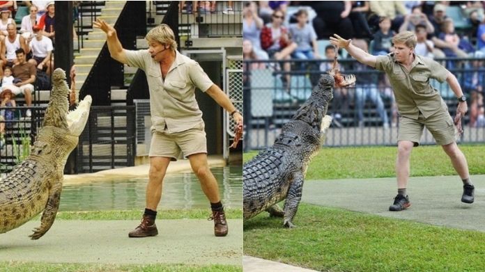 അതേ സ്ഥലം, അതേ മുതല രണ്ട് ചിത്രങ്ങള്‍ക്കും ഇടയില്‍ 15 വര്‍ഷത്തെ അകലം;  അച്ഛനെ അനുകരിച്ച് സ്റ്റീവ് ഇർവിന്റെ മകൻ