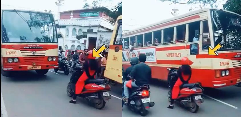 ആനവണ്ടിക്ക് മുന്നിൽ പതറാതെ നെഞ്ചുവിരിച്ച് യുവതി; വൈറലായി വീഡിയോ