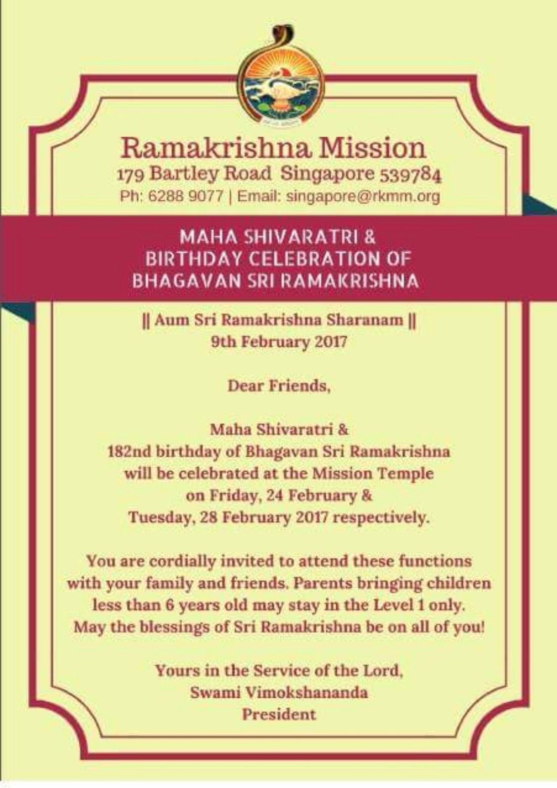 Ramakrishna Mission Singapore Celebrates Mahashivaratri And The 182nd Birthday Of Bhagawan Swami Ramakrishna