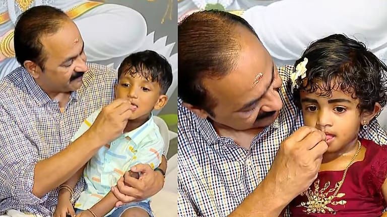 പറവൂരിലെ ദക്ഷിണ മൂകാംബിക ക്ഷേത്രത്തിൽ കുരുന്നുകളെ എഴുത്തിനിരുത്തി മുഖ്യമന്ത്രി