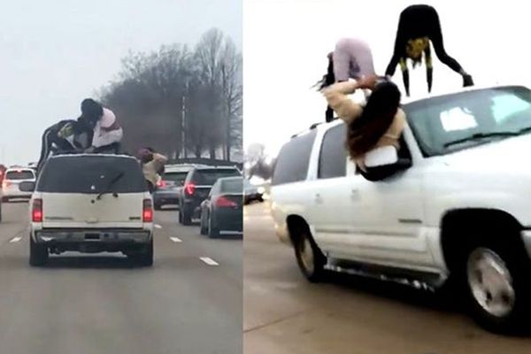 ഓടിക്കൊണ്ടിരിക്കുന്ന വാഹനത്തിന് മുകളില്‍ യുവതികളുടെ അഭ്യാസ നൃത്തം