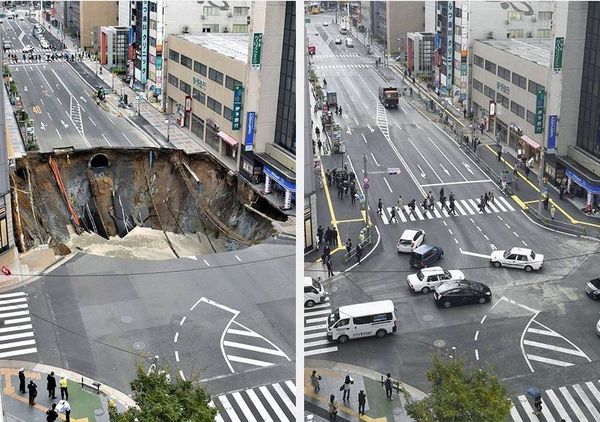 ഇതാണ് ജപ്പാന്‍; നടുറോഡില്‍ രൂപപെട്ട വലിയ ഗര്‍ത്തം രണ്ടു ദിവസം കൊണ്ട് പഴയപോലെയാക്കി