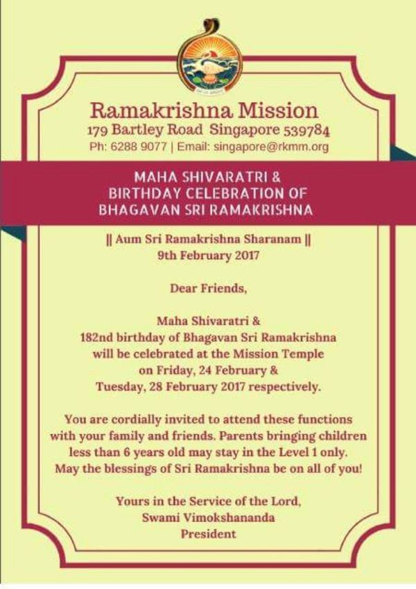 Ramakrishna Mission Singapore Celebrates Mahashivaratri And The 182nd Birthday Of Bhagawan Swami Ramakrishna