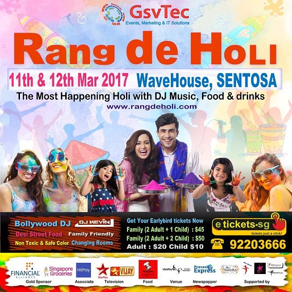 Rang De Holi is on 11th & 12th March at Sentosa