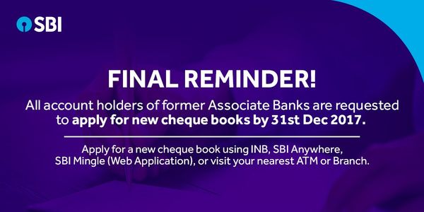 എസ്ബിഐ യില്‍ ലയിച്ച ബാങ്കുകളുടെ ചെക്കുബുക്കുകള്‍ അസാധുവാകും