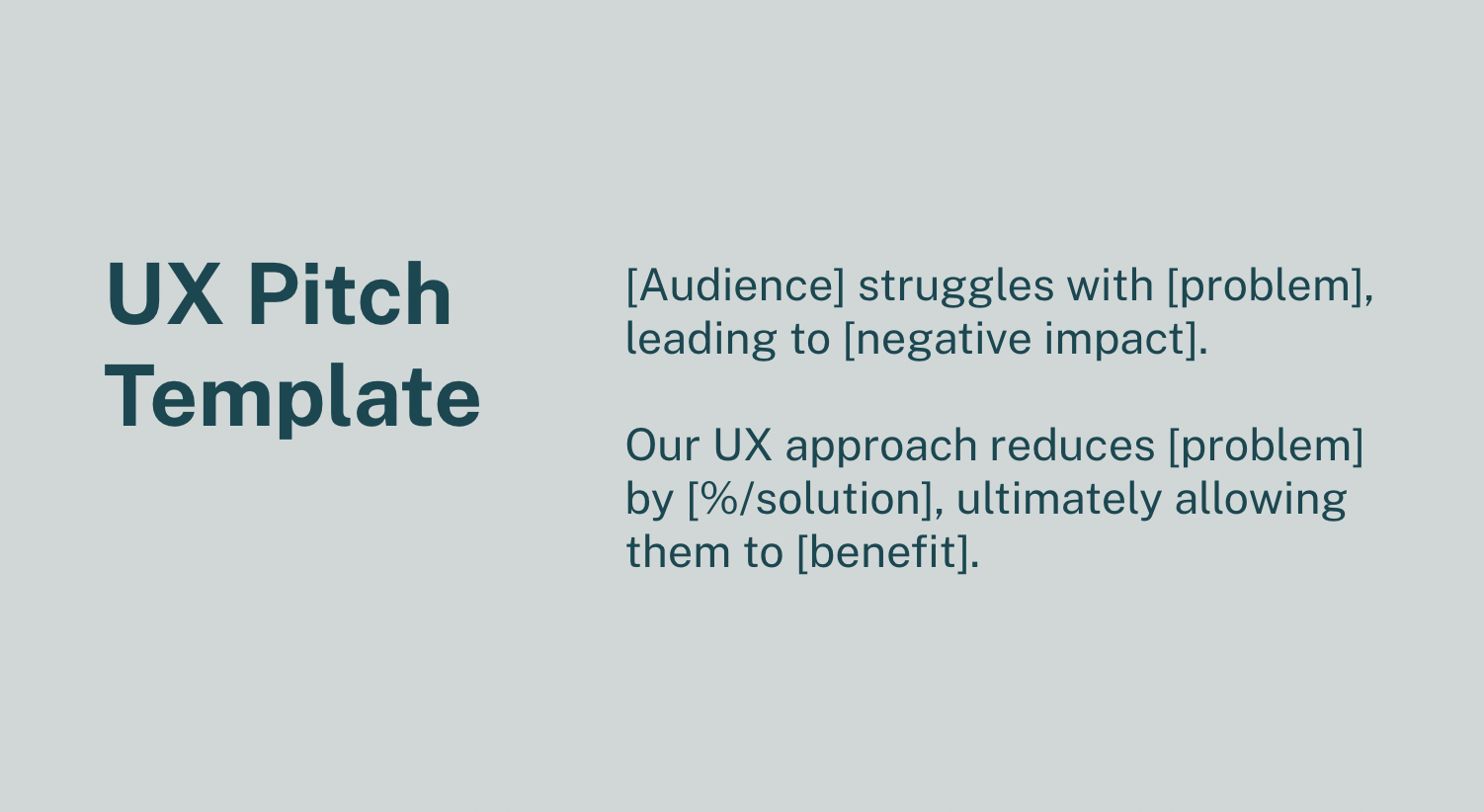 A slide with the text: UX Pitch Template: [Audience] struggles with [problem], leading to [negative impact]. Our UX approach reduces [problem] by [%/solution], ultimately allowing them to [benefit].