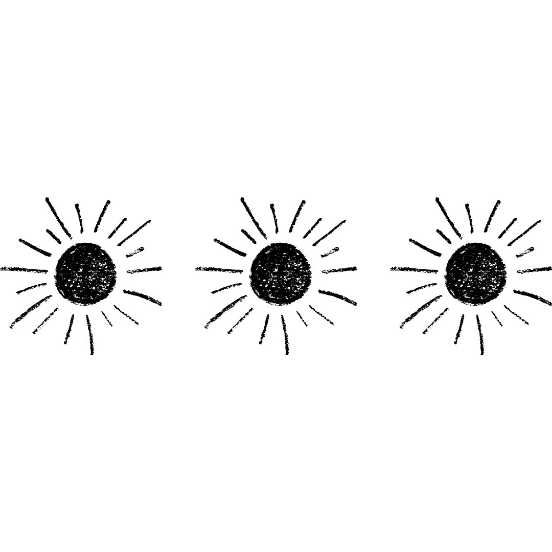 Three hand-drawn sun-like symbols with rays, black on white background.