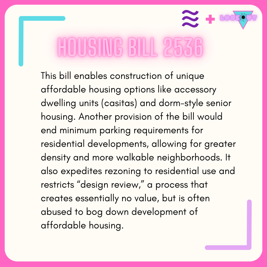 The image outlines details about Housing Bill 2536, focusing on affordable housing and zoning reforms.