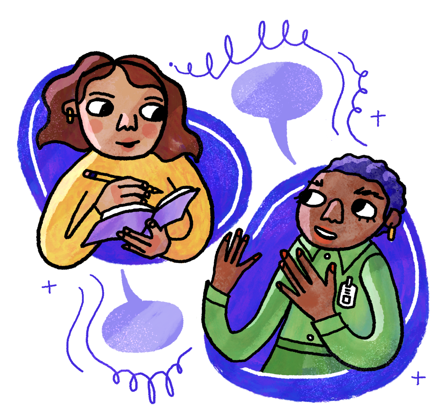 Two people are engaging in a conversation, one taking notes. Speech bubbles indicate dialogue.