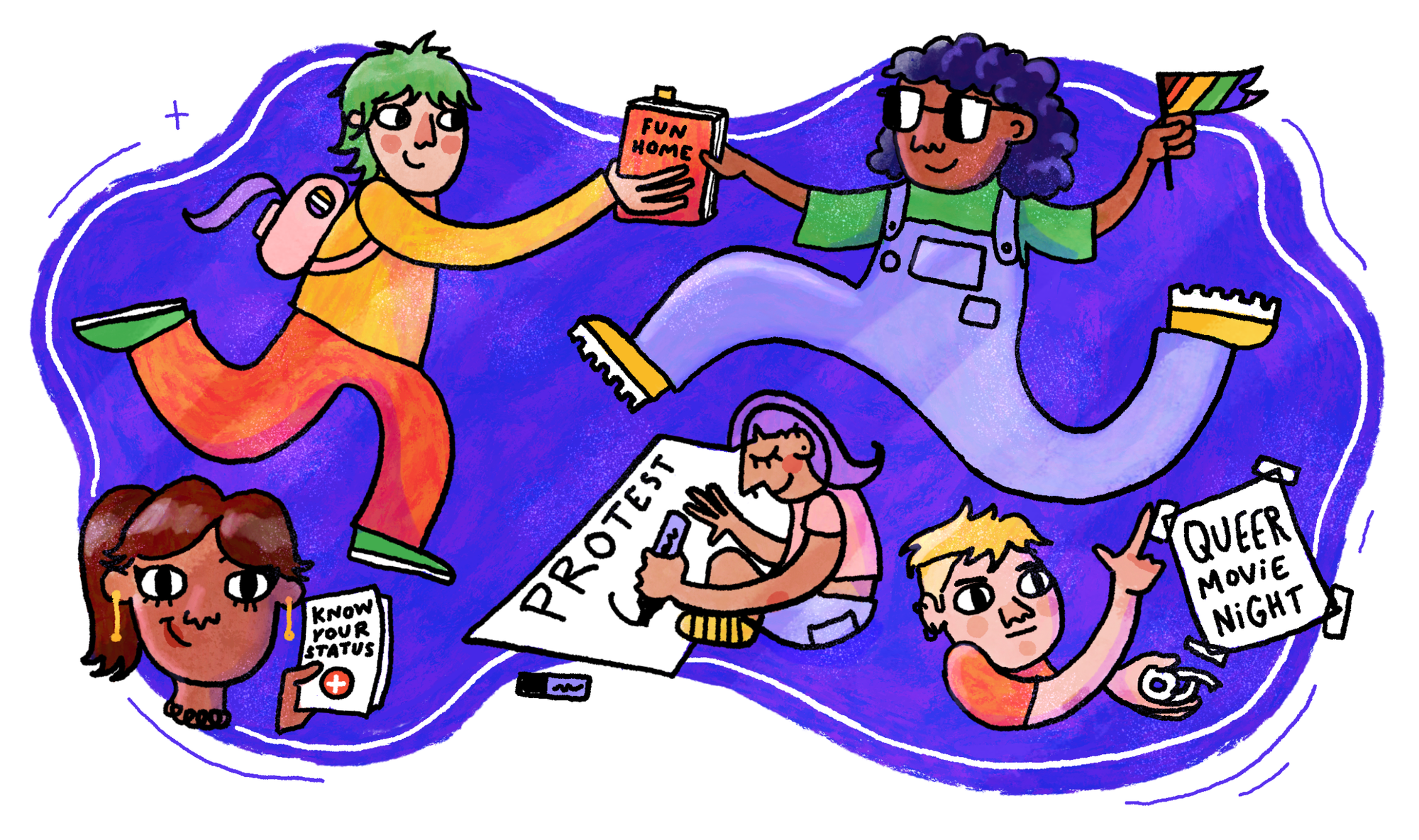 Colorful cartoon of diverse, joyful characters holding LGBTQ+ items: a flag, book, protest sign, and event flyer.