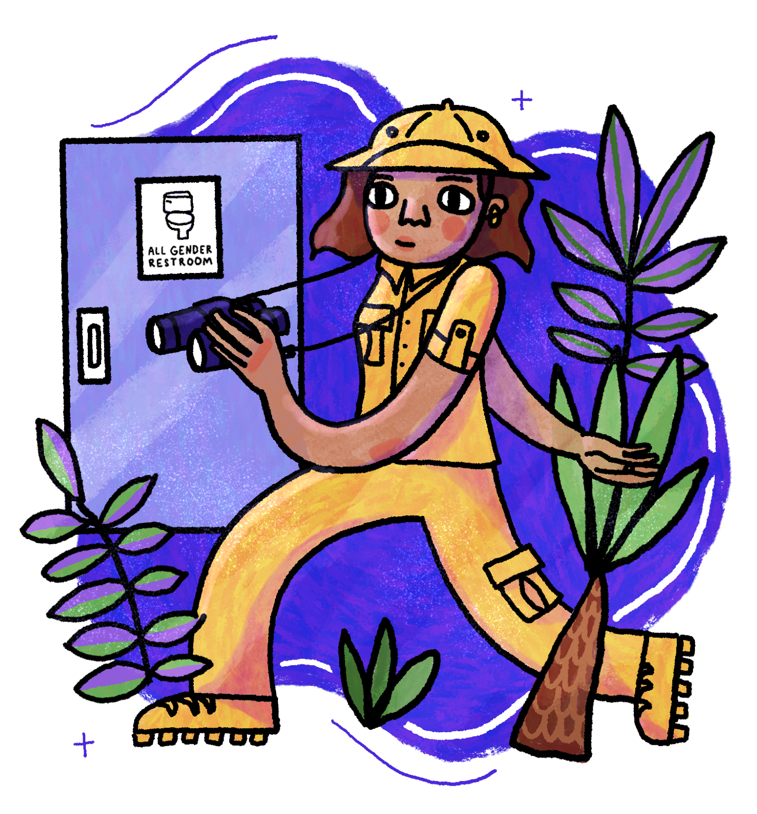 An explorer with binoculars approaches an all-gender restroom amid tropical plants. Suitable for lgbtq resources for parents.