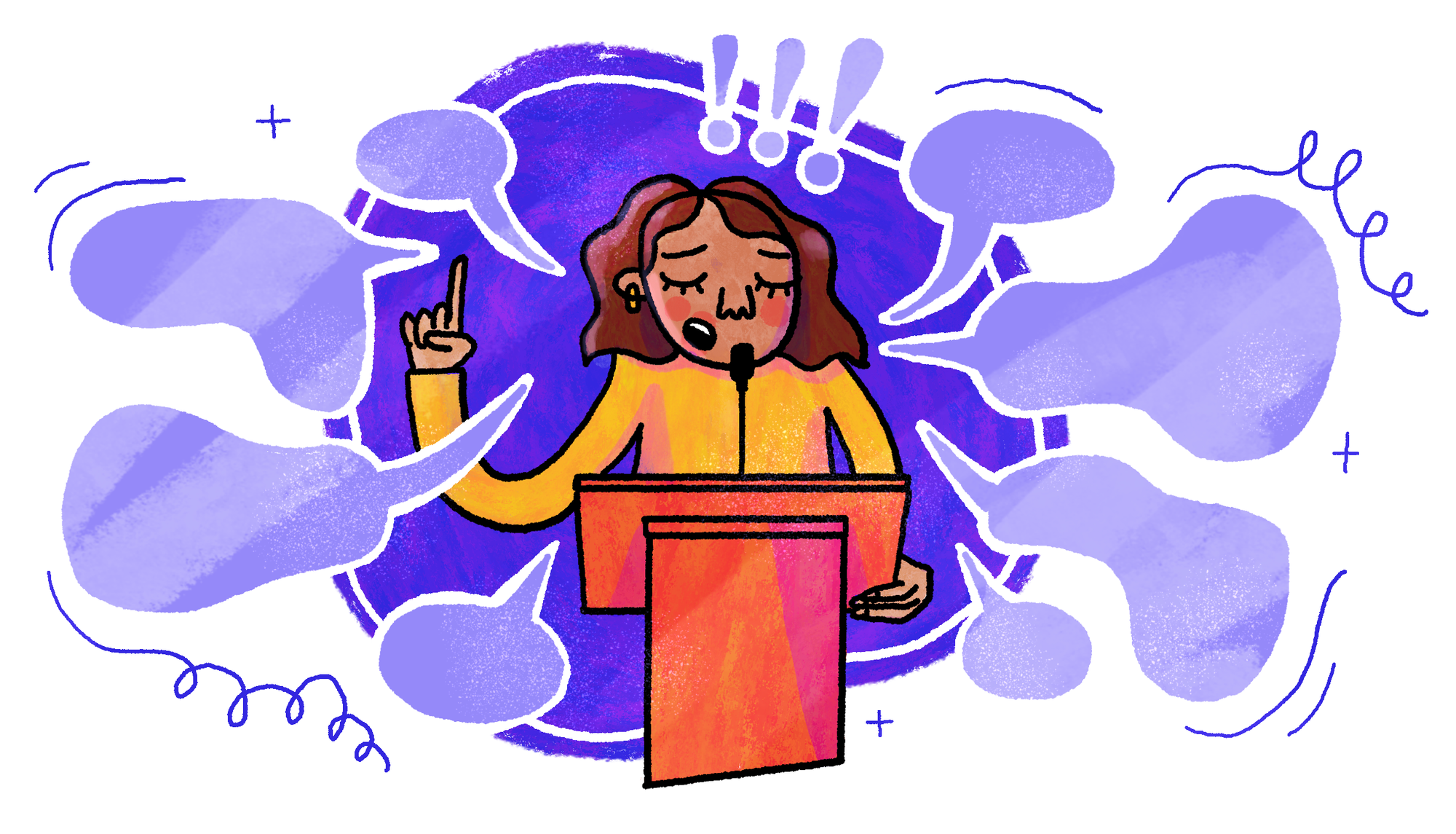 A person speaks at a podium, surrounded by speech bubbles and exclamation marks in a colorful illustration.