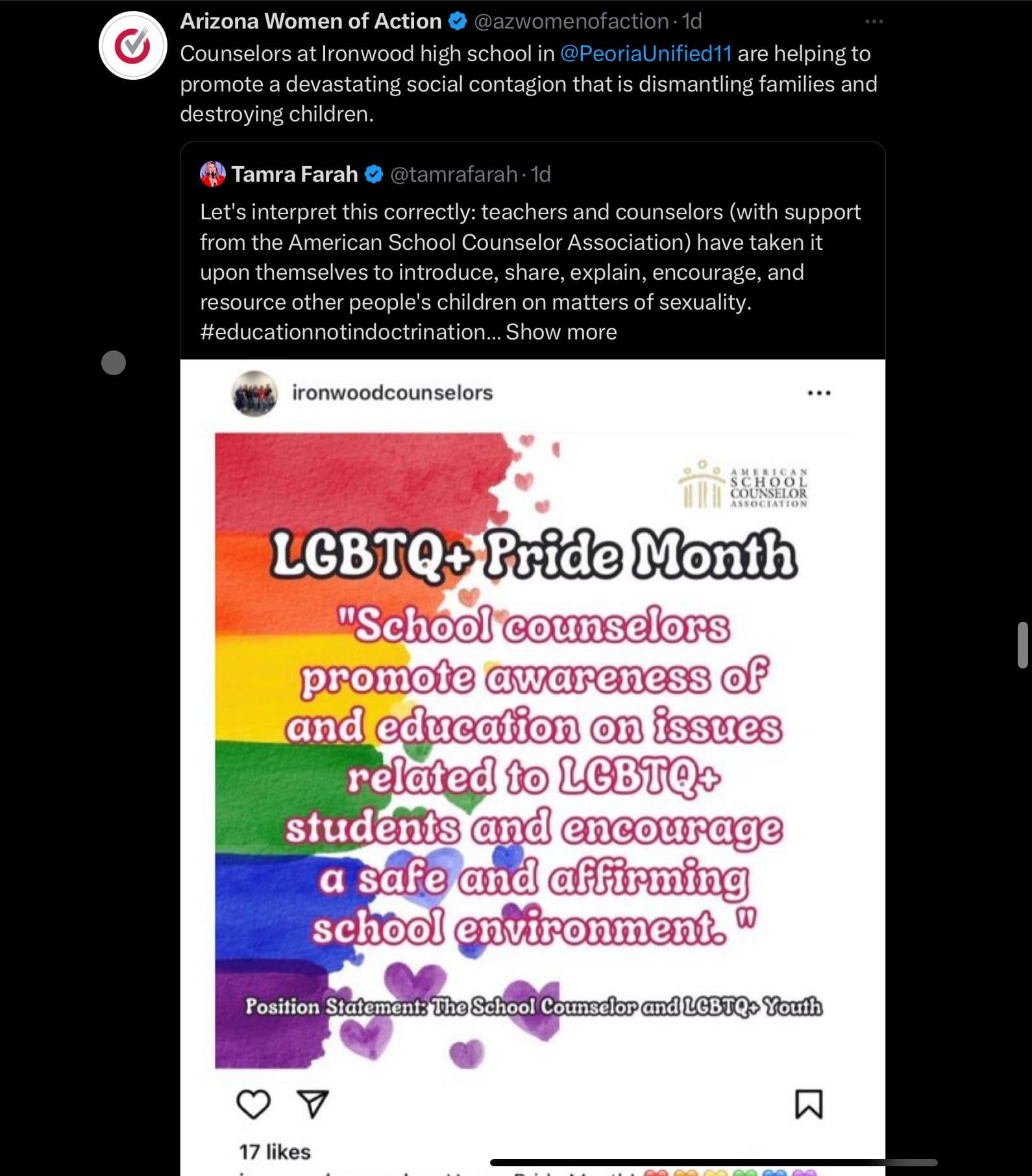 A screenshot from AZ Women of Action’s X account, where Tamra Farah made the claim that introducing children to LGBTQ+ people was indoctrination. 